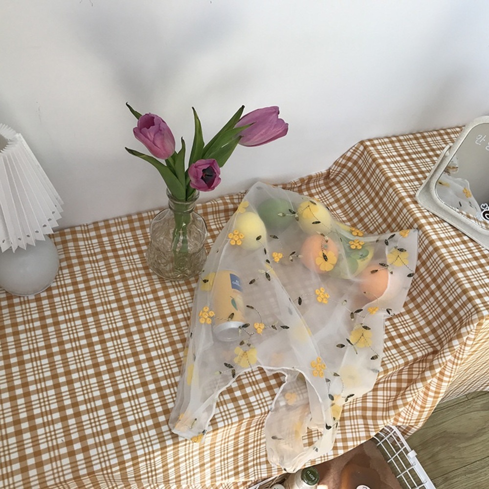Embroidery Organza daisy/ lavender grocery bag, picnic bag